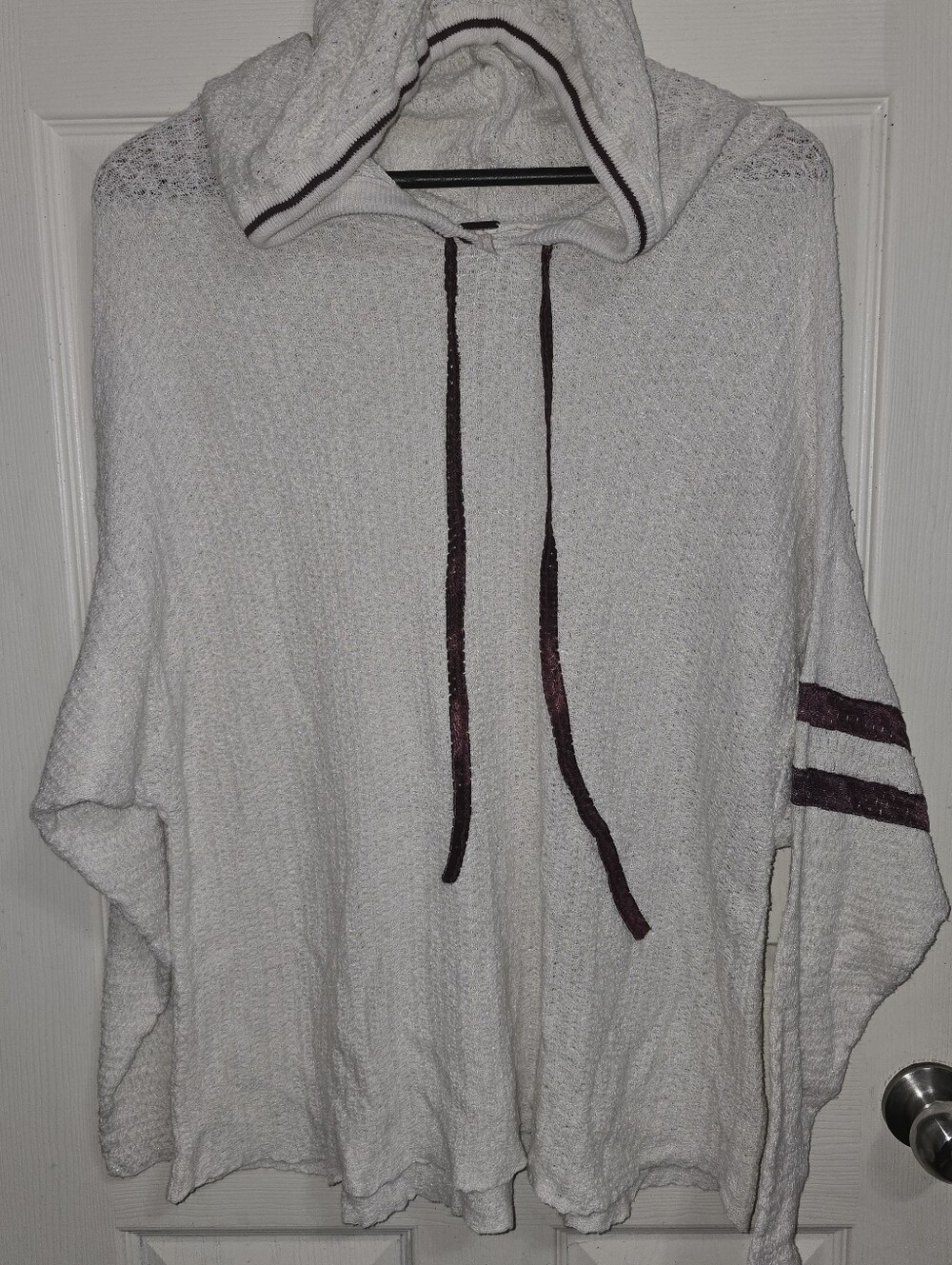 Free People Cream Hooded Knit Pullover with Maroon Trim Boho LG